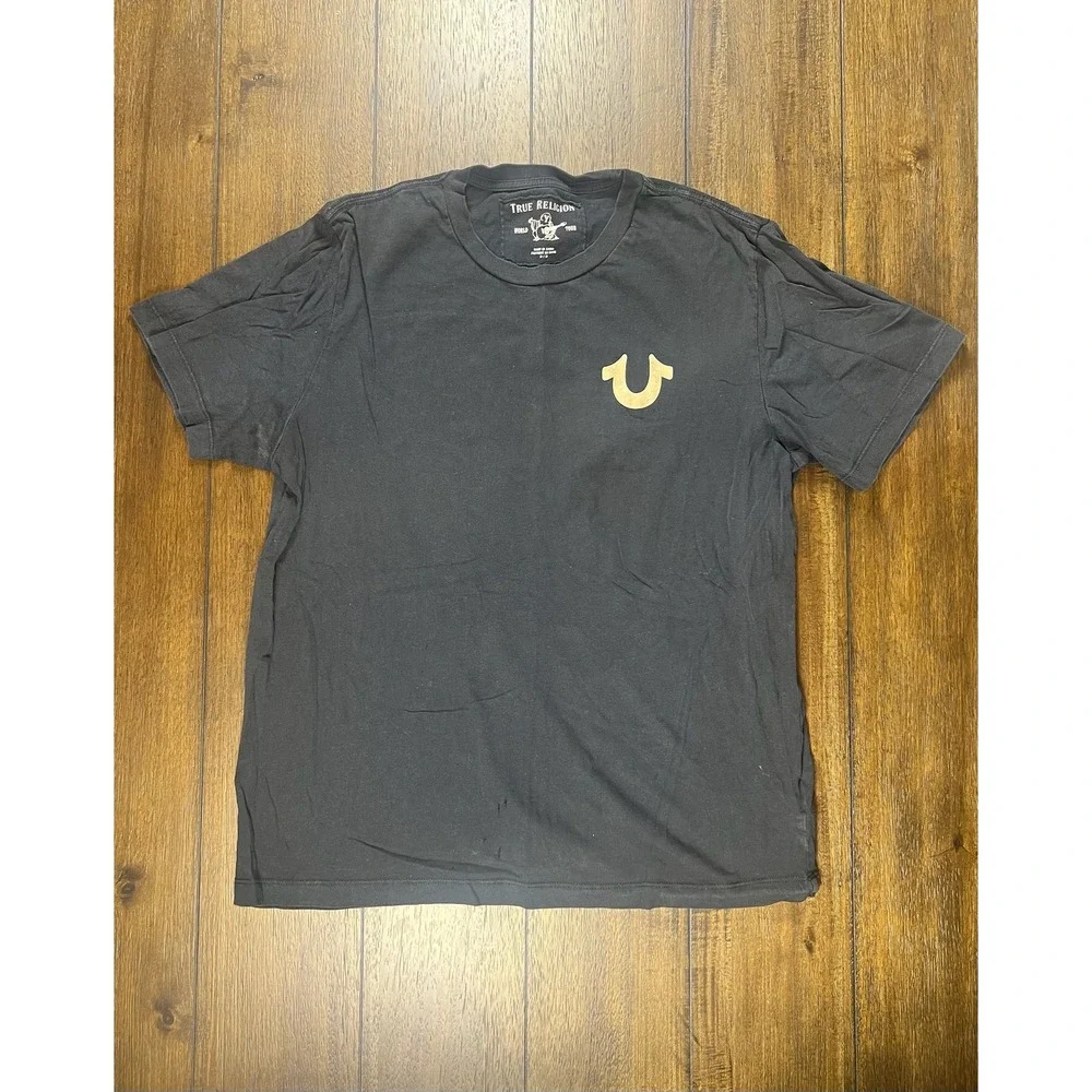 True Religion Mens World Tour Buddha Graphic T-Shirt Black Gold Size M Short Slv